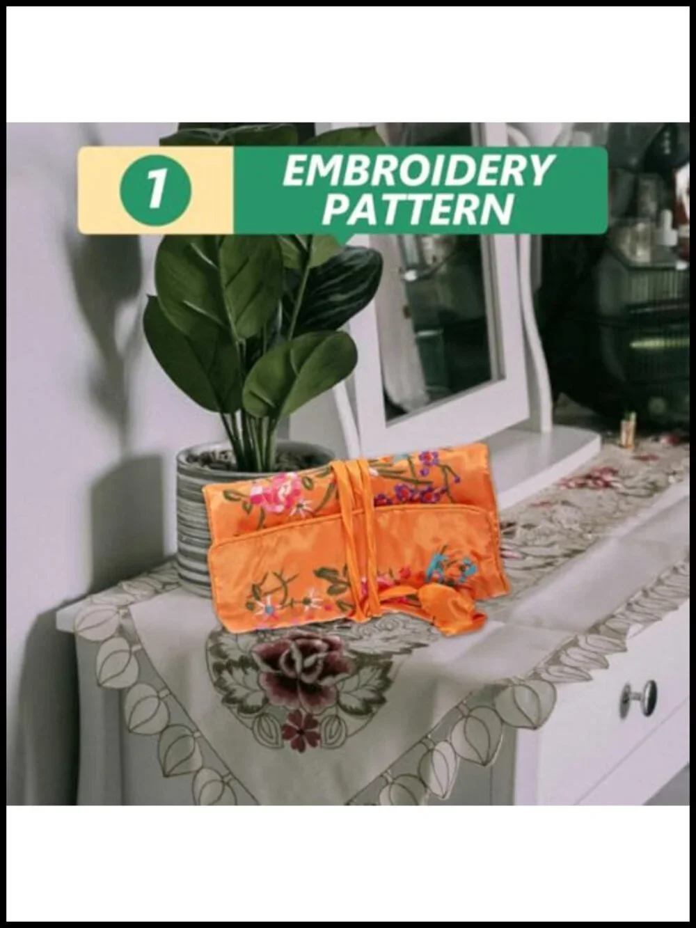 Handmade Embroidered Jewelry Roll Bag Travel Organizer with Zipper Pocket Silk